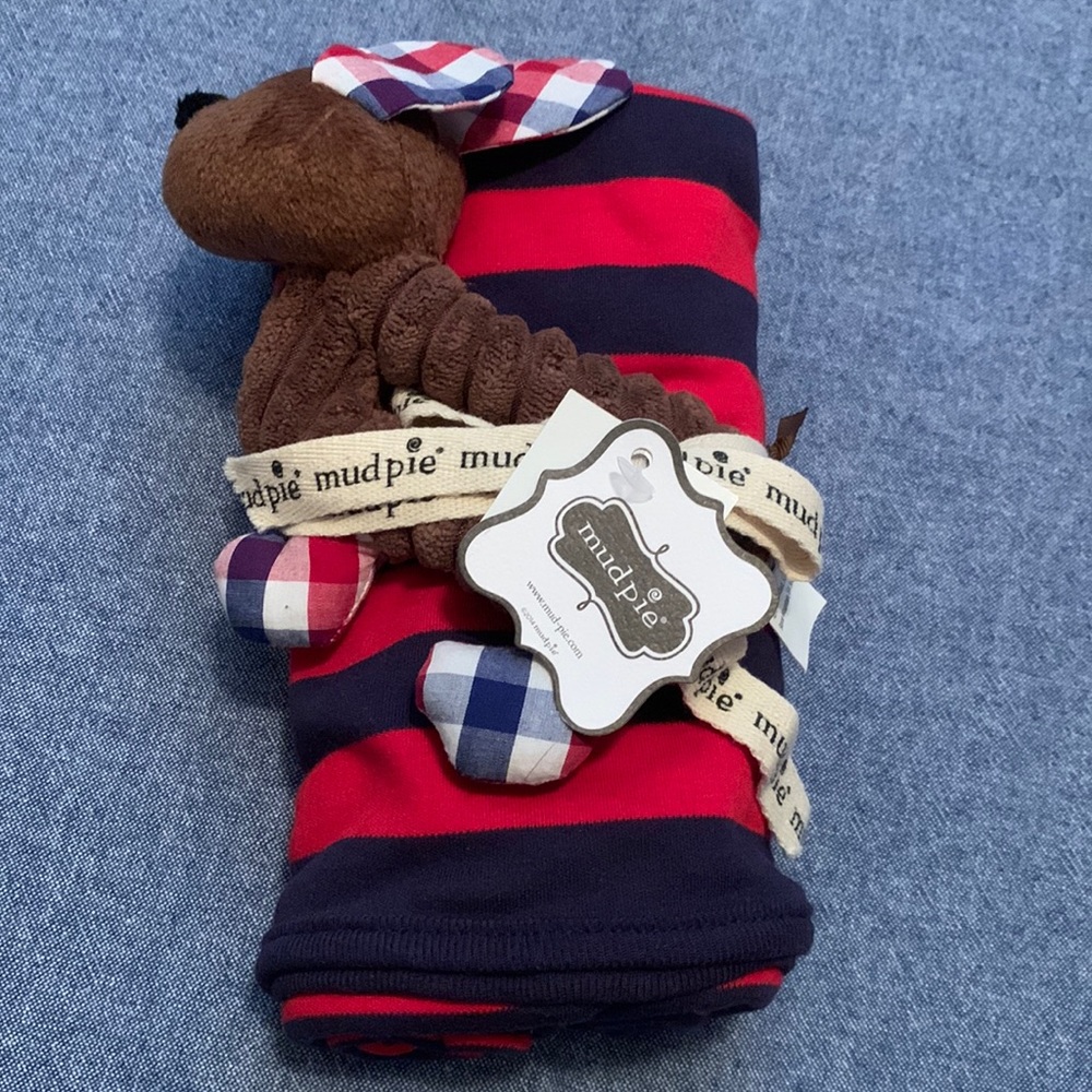 NWT - MudPie Striped Blanket and Puppy Rattle Gift Set